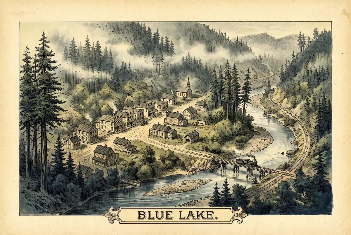 An illustrated 1890s-style bird's-eye view of Blue Lake: wooden storefronts and a church beside the Mad River, a steam train crossing the trestle, fog in the redwoods