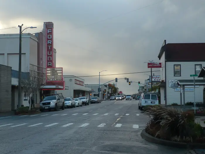 The neon marquee of the Fortuna Theatre on Main Street at dusk, with shops and traffic signals down the block
